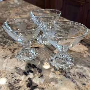 Set of 3. 1950 Anchor Hocking Boopie Footed Sherbet Etched Grape Glasses.